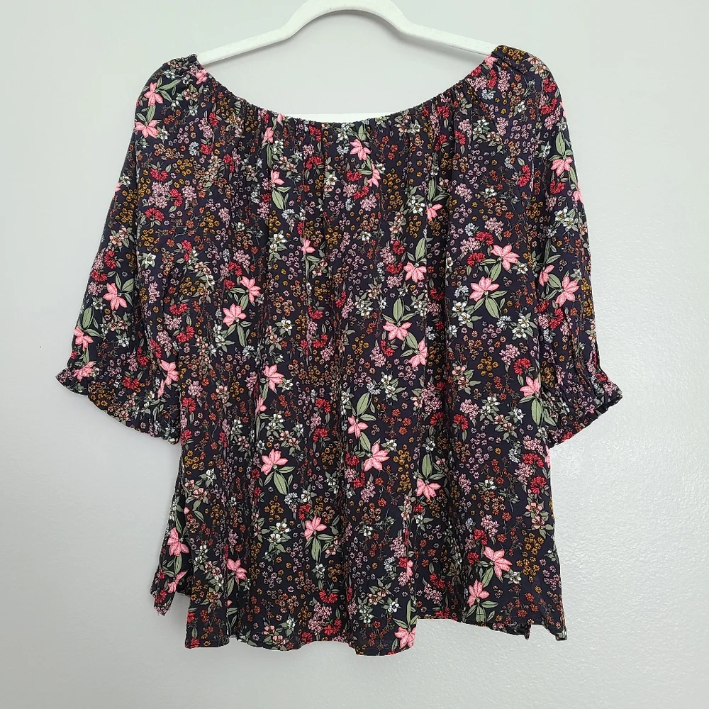 Loft Casual Office Spring Summer Floral Scoop Neck Puff Sleeves Flowy Top